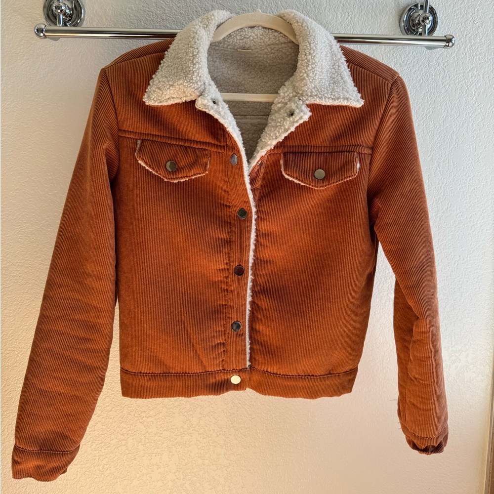 Orange teddy fleece lined corduroy waist short jacket